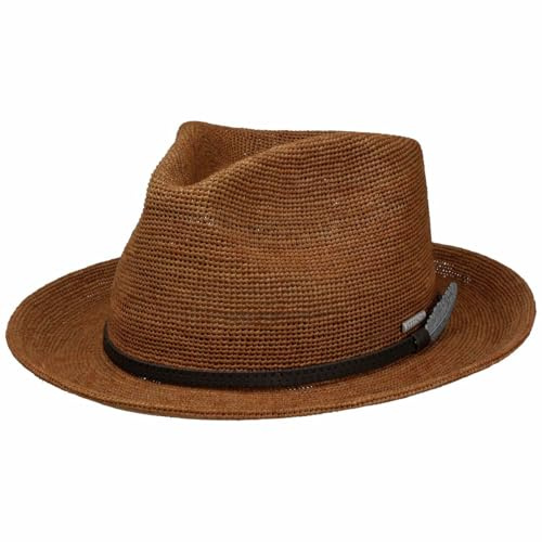 Stetson Daleport Fedora Crochet Raffia Straw Hat Leather Band Unisex Spring Summer Brown