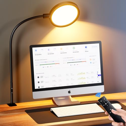 TYEE LED Schreibtischlampe, 12W Tageslichtlampe mit Fernbedienung, Stufenloses Dimmen/Farb Büro Tischlampe, Klemmbare Dimmbare Monitor Lampe für Videokonferenzen/Podcast-Live-Streaming