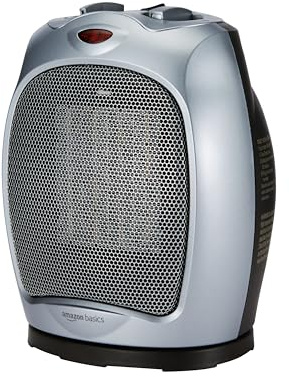 Amazon Basics Oscillating Ceramic Portable Indoor Space Heater, Fast Heating Technology, Overheat and Tip-Over Protection, Adjustable Thermostat, 1500W, 7.52D x 6.34W x 9.45H, Silver