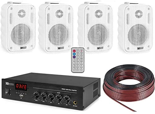 IMPIANTO AUDIO FILODIFFUSIONE DA PARETE X ESTERNO IP56 SISTEMA COMPLETO TENUTA STAGNA amplificatore BT + 4 altoparlanti con staffe + 100 mt. cavo
