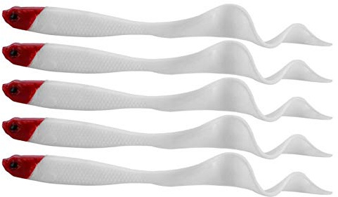 Pwshymi Lot de 5 leurres de pêche artificiels doux en forme de T - Appâts doux et lumineux - Équipement de pêche à la traîne (tête rouge)