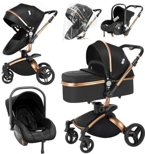 Magic ZC Kinderwagen 3 in 1, Kinderwagen Leder mit Verstellbarem Sitz Um 360° Drehbar, Buggy mit Umkehrbarem Zwei-Wege-Schub, Kinderwagen 3 in 1 Komplettset Zubehör Hohe Landschaft (906 Schwarz)