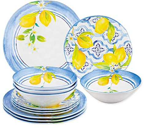 UP ware 12-teiliges Geschirrset aus Melamin, inkl. Speiseteller, Salatteller, Schüsseln, Service für 4 Personen (schöne Zitronen), Lovely Lemons