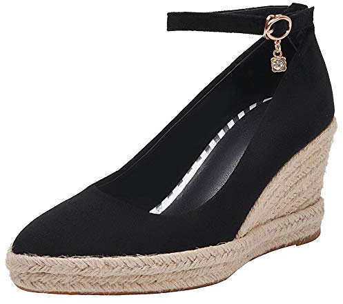 Décolleté Donna, Espadrillas Zeppa Moda Scarpe da Festa Tacco Alto Appuntito con Cinturino alla Caviglia con Plateau Nero Numero 43 EU