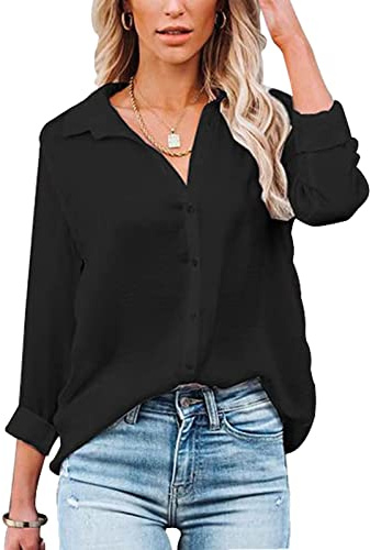 Baynetin Camicia Donna Manica Lunga/Corte Blusa con Scollo a V Bottoni Elegante Casual Curvy da Lavoro Facile Ferro Stiro Business Tops Shirt (Nero, S)