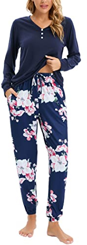 Famulily Pyjamas for Women V Neck Buttons Down Floral Pjs Cotton Long Sleeve Nightwear Casual Jogger Pants with Pockets S-XXL