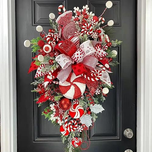 Artificial Christmas Wreath, 50cm Upside Down Tree With Candy Cane Berry, Ball and Bow Tie Ornaments - Teardrop Door Wreath for Winter Holiday Decor (Red, One Size)