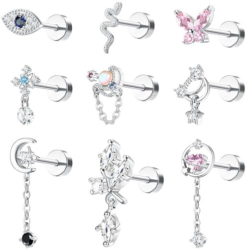 Kakonia 9-teiliges Piercing-Set für Damen: Schmetterling, Tragus, Helix, Conch Ohrringe aus Chirurgenstahl in Silber