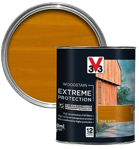 V33 Extreme Protection Woodstain - 12-Year Guarantee - Extreme Weather Protection - Anti-Humidity Barrier - Only 2 Coats - Teak 750ml