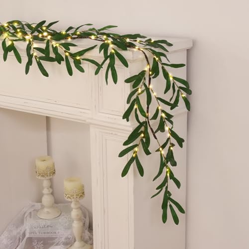 Waipfaru Olive Garland with Lights, 6FT Prelit Christmas Garland with Timer