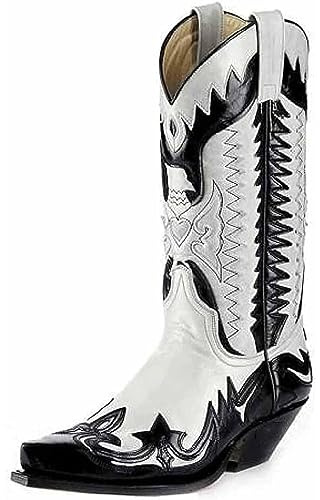 DJFOG Bottes de Chevalier pour Hommes, Bottes de Motard brodées, Bottes Hautes Vintage, Style Cowboy Occidental, Bottes de Moto à Bout Pointu,Blanc,43 EU