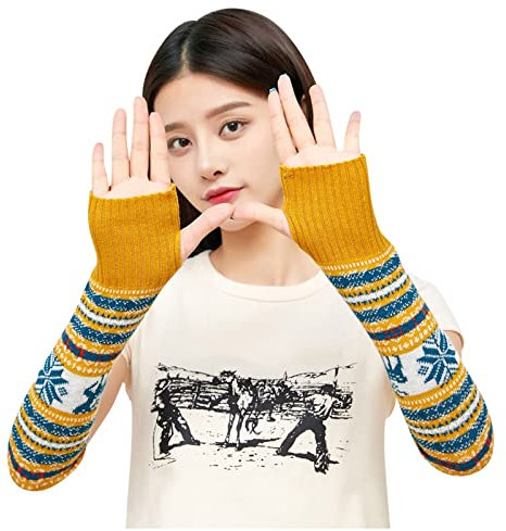 QWUVEDS Warme Weihnachtshandschuhe Rehbraune Handschuhe Wollhandschuhe Warme fingergestrickte halbe Schneeflockenhandschuhe Handschuhe Mit Heizung Damen (Yellow, One Size)