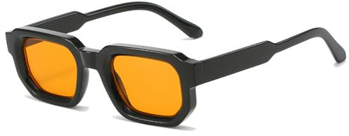 RUNHUIS Gafas de sol rectangulares vintage para mujer y hombre, retro, hexagonal, pequeño marco grueso tintado, gafas gruesas, negro / naranja, medium