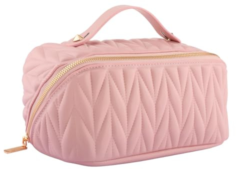 QLoztyse Lay Flat Makeup Bag - Portable Large Capacity Travel Cosmetic Bags Waterproof PU Leather Toiletry Organizer with Handle and Divider for Women, Pink