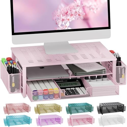gianotter Soporte para monitor con cajón y soporte para bolígrafos, organizadores de escritorio y accesorios, elevador de monitor de 2 niveles, decoración de oficina rosa para mujer (rosa)