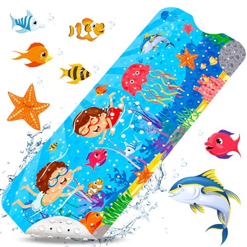 POWZOO Tappeto Vasca Antiscivolo Bambini,Tappetino Doccia Antiscivolo,100x40cm Tappetino Vasca Antiscivolo Bambini da Bagno,Tappetino Antiscivolo per Vasca da Bagno, Modello Animale Marino.