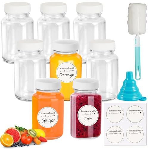 Mispudin 8 Piezas Botes Cristal Pequeños 100ml, Shots Botellitas Cristal, Mini Botellitas Pequeñas para Rellenar con Tapa, Etiquetas, Embudos y Pinceles - Para Zumo, Ginger, Especias