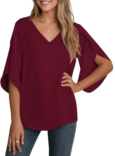 YGJIEGENG Blusa De Verano Mujer Camisa Elegantes de Manga 3/4 con Cuello en V Casual Chiffon Manga Corta Borgoña XL