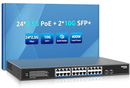 24 Port 2.5G PoE Switch Unmanaged with 24 Port 2.5Gb Base-T PoE+@400W + 2 x 10G SFP+ Uplink, NICGIGA 26 Port 2.5Gbe IEEE802.3af/at Power Over Ethernet Switch, Support WiFi6 AP, NAS, 4K PoE Camera NVR.