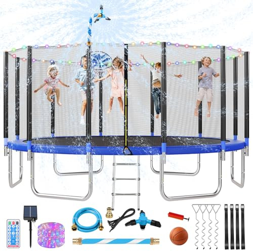 Lyromix Upgraded 16FT Trampoline with Lights, Large Outdoor Trampoline with Sprinkler,Basketball Hoop and Net, Capacity for 5-8 Kids and Adults, Dark Blue