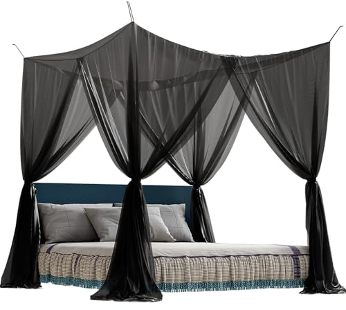 Panarciss 4 Corner Mosquito Net for Bed, Black Canopy Bed Curtains for Full Queen King Size Bed, Gothic Bed Canopy for Patio Indoor Outdoor, Halloween Decoration