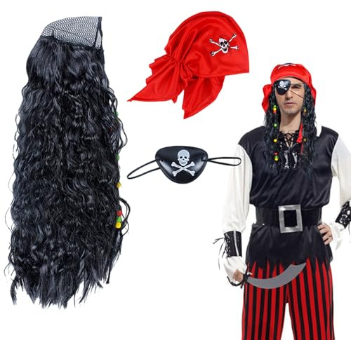 UILYNIU 3 Stück Piraten Kostüm Set Erwachsene Kinder Kapitän Piraten Perücke Piratenhut Augenklappe Pirat Piratenkostüm Herren Damen Piraten Kapern für Halloween Karneval Cosplay (3 Stück)