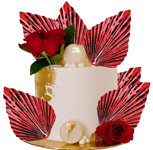 Lot de 6 éventails en papier - Décoration de gâteau - Palmier - Décoration de gâteau - Artisanat DIY - Pour fête prénatale, mariage, anniversaire, fête - Rouge