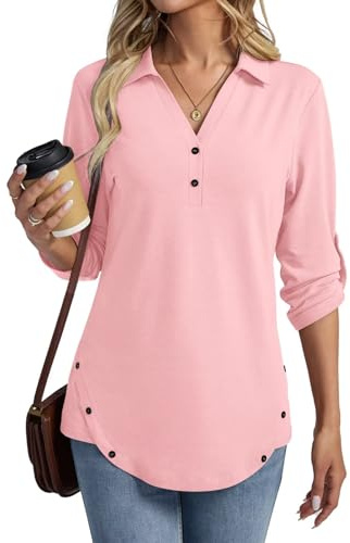 TICTICMISS Women's 3/4 Length Rolled Sleeve Tunic Tops Collared V Neck T Shirts Both Side Buttons Blouses Peach Pink