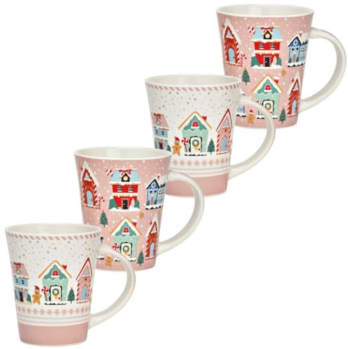 4er Set Weihnachtsbecher aus Porzellan 350 ml Tassen mit Stadthäuser-Motiven - Kaffeetassen Weihnachtsdorf Motiv für die Weihnachtszeit - Spülmaschinengeeignet, ideal für Kaffee, Tee oder Glühwein