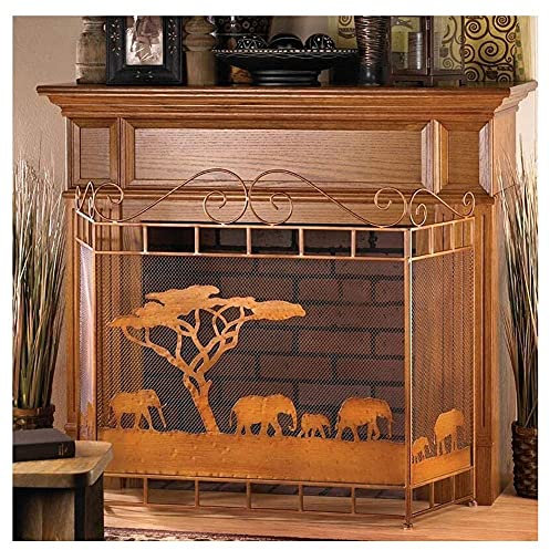 VNNHGB Fireplace Screen Guard, Fireplace Spark Protection Previous Fire Screen with Elephant Walki Design, Functional Light Brown Fireplace Screens for Hot Slow Combustion Stove
