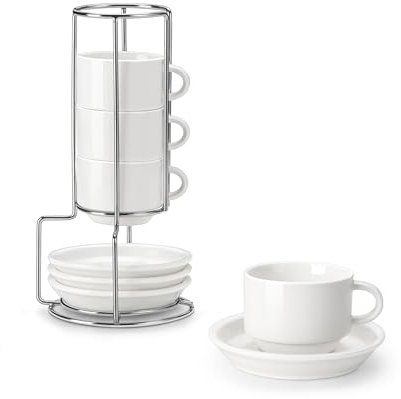MALACASA Espressotassen 4er Set, 75 ml Espresso Tassen Dickwandig mit Untertassen & Ständer, Stapelbar Italienische Espressobecher aus Weißem Porzellan, Spülmaschinengeeignet, Serie Regular