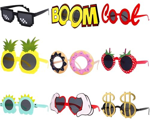 AHEJIOO 9 Paar Lustige Hawaiianische Brillen, lustige Sonnenbrille Geschenke, Fotoautomaten-Requisiten, Strand-Themen-Partybedarf Dekoration, Fotobox Accessoires﻿