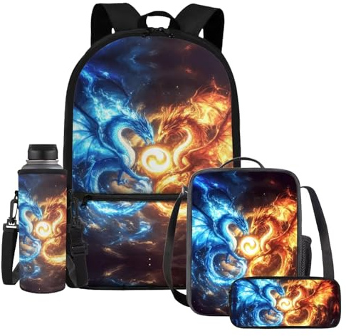 UOIMAG Lot de 4 sacs à dos et boîte à déjeuner avec porte-bouteille d'eau et trousse à crayons, Dragon Fire, Taille unique, Ensemble cartable