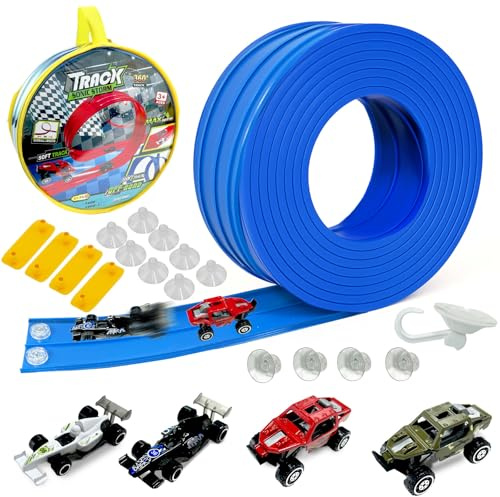 Pista de Coches para Niños, 4M Azul Circuito Coches con 4 Autos, Rampa Doble, Accesorios para Pistas de Coche de Juguete, Regalo Niños, Pista de Coche Flexible y Duradera