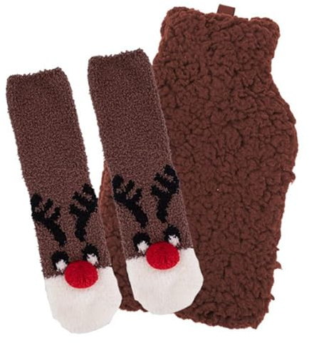 Christmas Hot Water Bottle and Non Slip Socks Set - 3D Low Pile Plush Fleece Cover Pain Relief Cosy Nights and Relaxation (Reindeer)