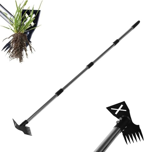 Garsent Outil D'extraction de Mauvaises Herbes avec Long Manche, Outil Manuel de 60 Pouces, Râteau à Mauvaises Herbes 2 en 1, Houe de Jardin, Déracinement, Traction de Désherbage pour