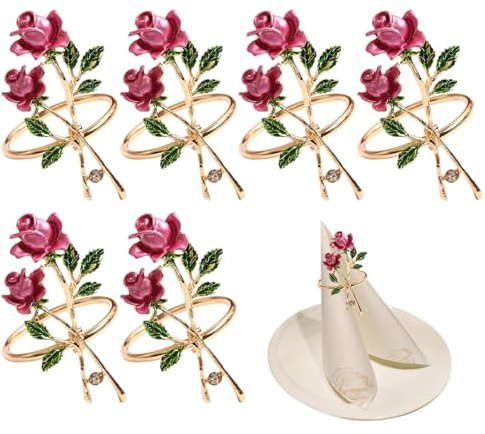 Set di portatovaglioli in lega - 6 portatovaglioli floreali, decorazione da tavolo con motivo rosa | portatovaglioli per cenare a casa, creativi, romantici, di lunga durata, per feste di nozze, Cel