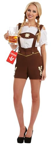 Fun Shack Oktoberfestdräkt för Damer, Brun Lederhosen & Vit Rynkad Skjorta med Hängslen, Temafest Karneval