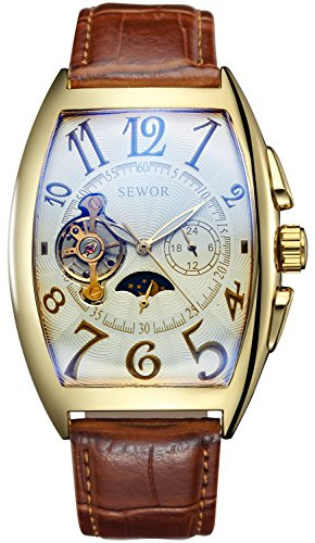 SEWOR Tourbillon Mens Moon Phase Automatic Mechanical Wrist Watch Leather Band Glass Coating Blue (Platinum)