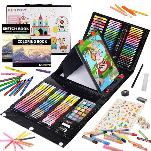 KINSPORY 290 piezas Maletin Pinturas para Niños, Juegos de Dibujo, Pinturas para Niños, Lapices de Dibujo, Caballete Pintura