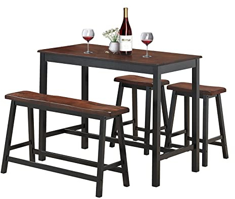 TANGZON Dining Table with 2 Stools and 1 Bench, 4 Piece Solid Wood Counter Height Kitchen Table Bench Set with Curved Seats & Footrests, Dining Set for Home Bar Dining Room (Brown)