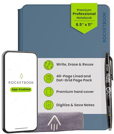 Rocketbook PRO 2.0 Wiederverwendbares Digitales Notizbuch A4 Stahlblau Elektronischer Notizblock mit 20 Blatt Liniert und mit Punktraster, Hardcover Veganes Leder mit inkl. Pilot Frixion Stift