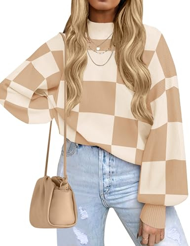 ZESICA Women's 2025 Fall Fashion Turtleneck Long Sleeve Striped Ribbed Knit Loose Pullover Sweater Tops Khaki Plaid Medium