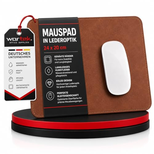wortek musmatta liten – elegant läderutseende – kontorsmusmatta läderdesign – hållbart konstläder – 24 x 20 cm – sydda kanter – halkfri gummiundersida – musmatta gaming – brun