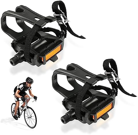 Bike Pedals with Clips and Straps, 1 Pair Plastic Bicycle Pedals, Toe Cages for Peloton Bike, Bicycle Pedal Toe Clip Mountain Bike Pedals for Exercise Bike, Spin Bike and Outdoor Bicycles