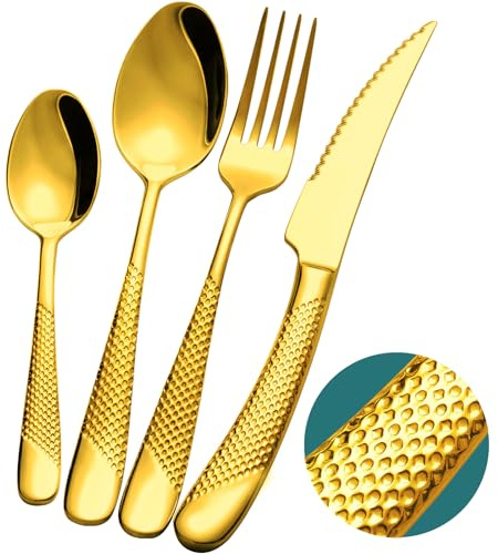 Xideman 24-Piece Flatware Set, Gold 18/10 Stainless Steel, Hammered Cutlery Set for 6 People, Includes Ultra Sharp 2-in-1 Serrated Knives
