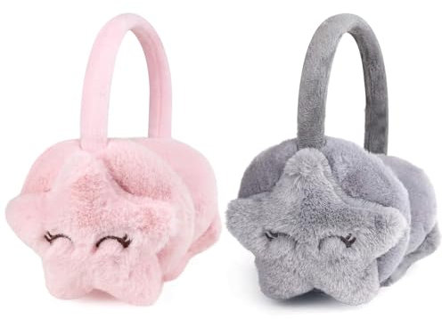 CHENKEE Winter Plüsch Ohrenschützer, 2 Stücke Kindern Ohrenschützer,Warme Ohrenwärmer, Winter Plüsch Outdoor Verstellbarer ohrenwärmer, Rosa, Grau (Stern)