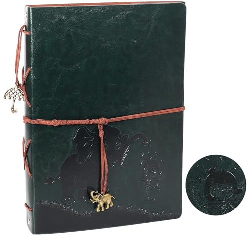 RECUTMS Green Leather Photo Album Scrapbook Retro Message Books 60 Pages Black Paper Memory Book Gifts Wedding Memorial Birthday Gift for Teacher Students Kids Friend (Elephant)