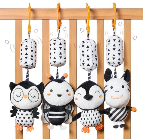 TUMAMA Baby Kinderwagen Spielzeug 0 3 6 9 12 Monate, Babyrassel Hängespielzeug für Kinderbett Autositz - 4 Stück Tiere Schwarz Weiß Rassel Geschenk Kleinkind Jungen und Mädchen