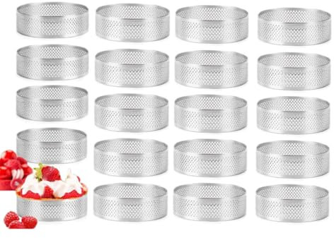 Tagtight 20 Pcs Cercles à Tarte Perforés, Anneau à Tarte de Pâtisserie, Cercle à Gâteau Rond, Moule Tartelette aux Fruits Acier Inoxydable, Cercle de Cuisson pour Gâteau Mousse français